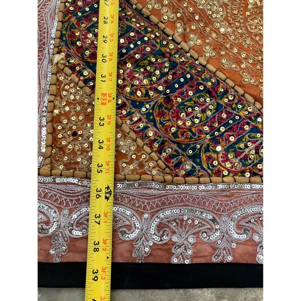 Vintage Indian‎ Patchwork Tapestry Orange Gold Sequin Embroidered Wall Art 40x39